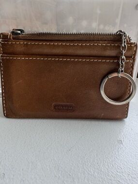 Coach Vintage Tan Leather Zip Card Holder with Key Ring — 4.5” x 3”
